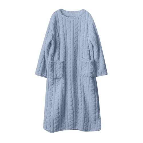 Women's Flannel Nightgown Fuzzy Fleece Cozy Plush Warm Winter Pullover Loungewear Sleepdress O Neck Nightdress (Light Blue, X-Large)