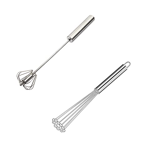Naisfei Lot de 2 Batteurs à Œufs, Fouet Multifonctionnel Semi-Automatique à Main En Acier Inoxydable, Batteur à Lait, Batteur Rotatif Pour Ustensiles De...