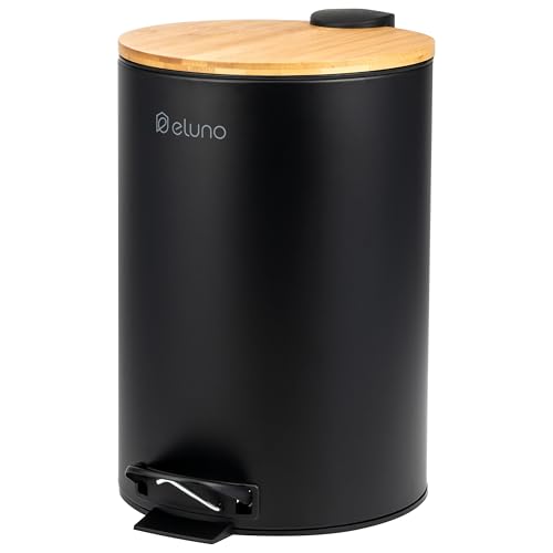 eluno Abfalleimer, Treteimer, Küchenmülleimer, 12 Liter Fassungsvermögen, mit Soft-Close Bambusdeckel, für Bad, Küche, mit herausnehmbaren Kunststoffinneneimer, aus Bambus und Metall (Schwarz)