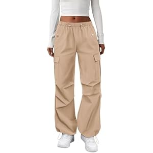 COPYLEAF Cargo Pants Women Elastic Waisted Parachute Hiking Pants with Pockets Water Resistant Lightweight Baggy Pants