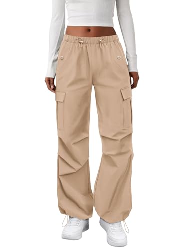 COPYLEAF Cargo Pants Women Elastic Waisted Parachute Hiking Pants with Pockets Water-Resistant Lightweight Baggy Pants(Light Khaki M)