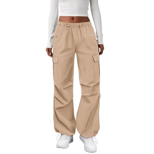 Cargo Pants Women Elastic Waisted Parachute Hiking Pants with Pockets Water-Resistant Lightweight Baggy Pants Light Khaki Large