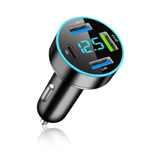 4-in-1 PD/QC3.0 Fast Car Charger,Universal Car Phone Charger Cigarette Lighter USB Chargers with Blue LED & Voltmeter for Car Truck SUV(QC3.0+PD+2.4A+2.4A)