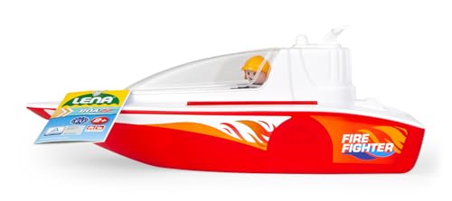 Lena BOAZZ Feuerwehrboot 36 cm, Spielzeugboot Indoor und Outdoor geeignet, für Kinder ab 2 Jahren, Kabine zum öffnen, Zwei Sitzplätze Plus Spielfigur, Rot