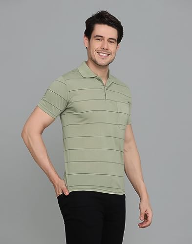 Image of INKKR Men's Striped Polo Neck Cotton Blend Multicolor T-Shirt