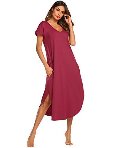Ekouaer Nightshirts Women's Short Sleeve Sleepwear Soft Cotton Sleepshirts Loose Fit Long Nightgown (Cherry Red,L)