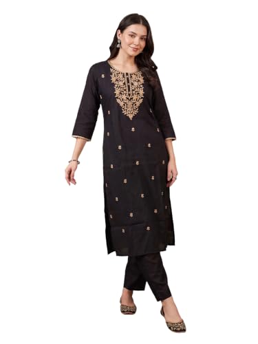 Image of INDO ERA Women's Silk Blend Geometric Embroidered Thread Work Kurta & Pant Set | Co Ord Set For Women Stylish