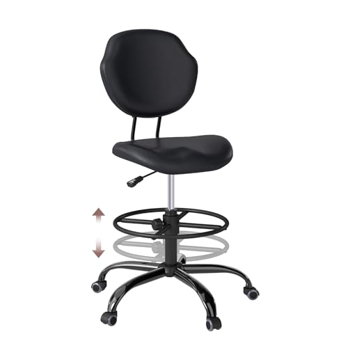 Drafting Chair with Back Support, Tall/High Desk Rolling Stool with Footrest Ring, Faux Leather Office Chair with Height Adjustable for Standing Desk, Home Office, Bar, Workbench & Kitchen(Black)