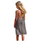 Vestido de Tirantes para Niñas Cuello Redondo Sueltos Vestidos Playeros Sin Mangas Color Sólido Vestidos Corto Sin Espalda con Cordón Casual Cómodo Vestido Mini Verano Ropa Niña 5-14 Años