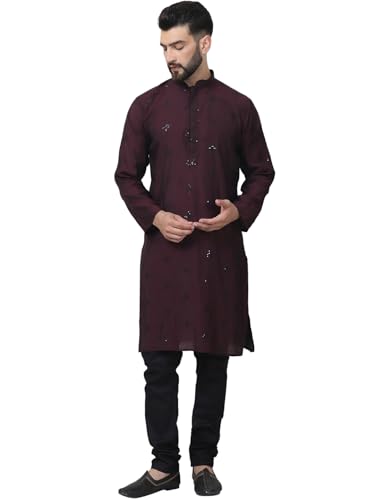 Image of SOJANYA (Since 1958 Men's Cotton Silk Sequinned Neck Embroidered Kurta with Black Pyjama