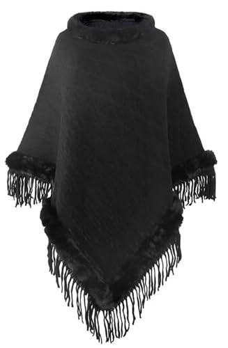 Women's Retro Knitted Shawl Wraps Trendy Tassel Pullover Poncho Cape Faux Fur Trim Sweater Coat Oversized Cloak