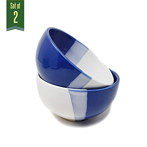 Image of The Earth Store Ceramic Handcrafted White Blue Dual Tone Soup Bowl for Vegetable Chutney Snacks Pasta Serving Bowl for Home Kitchen Dining Table, White Blue (Set of 2)