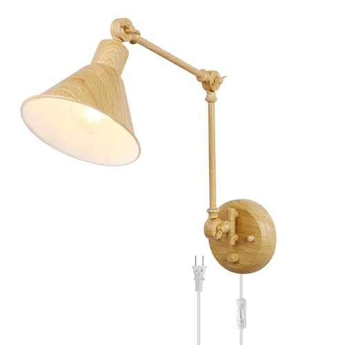 Image of TRLIFE Wall Sconce Plug in, Dimmable Wall Sconce with Switch Swing Arm Wall Lights Plug in Wall Light Wall Sconces Lighting with 6FT Plug in Cord, E26 Base(1 Pack, Oak Color)