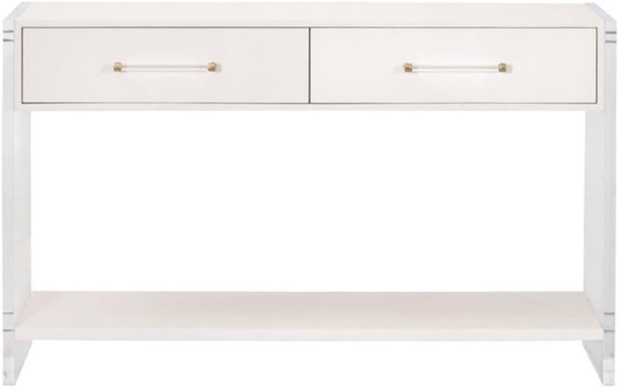 Pemberly Row 52" Faux Shagreen 2-Drawer Console Table, Pearl White Finish, Resin and Rubberwood Construction, Geometric Drawer Fronts, Clear Acrylic Legs, Brushed Brass Accents, Modern Entryway or