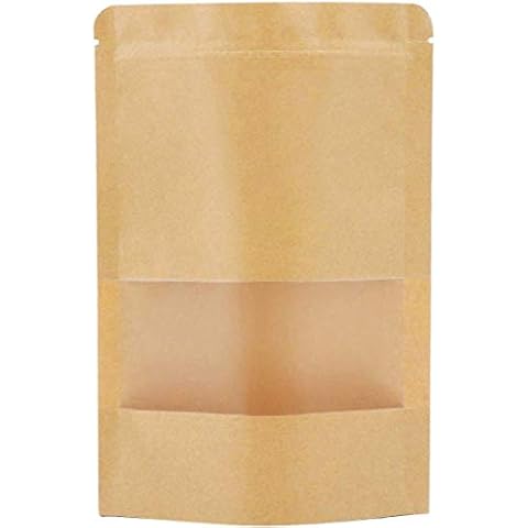 SUNPRO Resealable Bags, Brown Paper Bags Stand up Pouches with Window, 50Pcs 3.5"x5.5" Zip Lock Coffee Bags,Kraft Paper Packaging Bags Candy Bags Sealable Bags for Packaging Food Cover