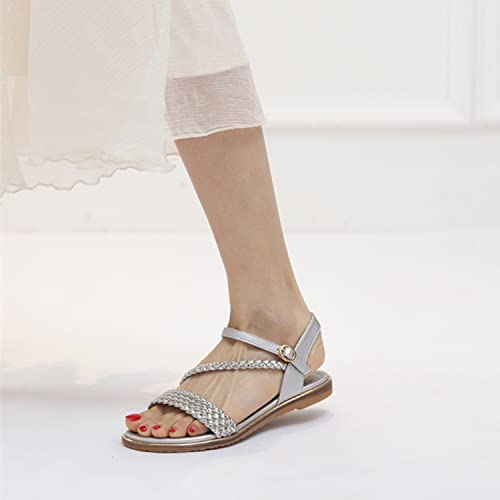 Intini Womens Casual Strappy Sandals Flexible One Band Open Toes Ankle Strap Summer Flat Sandals Silver. Size 8 M Us. 40 Eu #TOP3