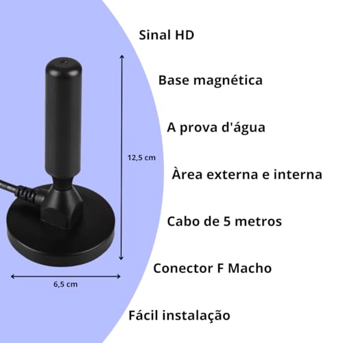Antena Digital Amplificada HDTV/UHF/VHF Interna e Externa 5 Metros Base Imã prova d'água