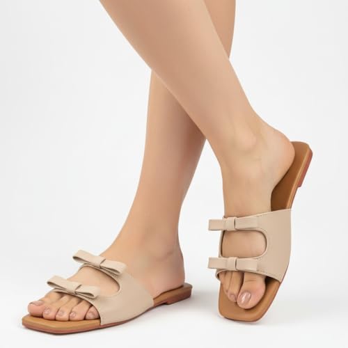 Image of ZaHu Women's Flat Slide Sandals Faux Leather Beige Double Bow Square Toe Slip On Casual Dressy Summer Footwear Comfortable Lightweight Durable for Travel Beach Party Office Gifting Modern Minimalist Open Toe Low Heel Soft Cushioned Insole Non Slip Sole Easy Care Stylish Versatile Vacation Wedding Brunch Shopping Work Women