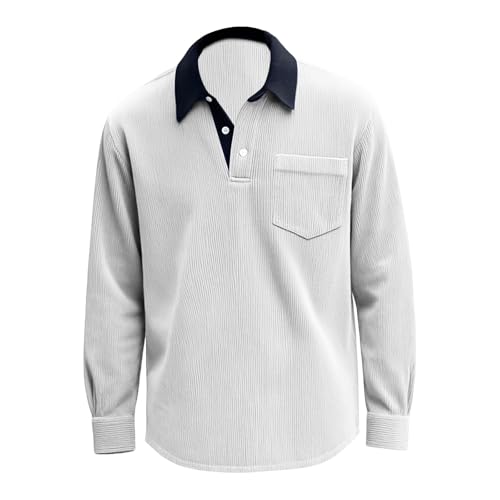 Men's Retro Corduroy Shirts Half Button Long Sleeves Color Block Polo Shirt Daily Casual Collared Tops with Pocket3