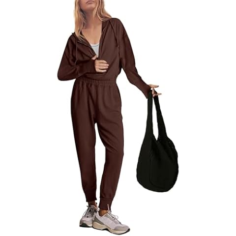 LAMISSCHE Womens Hooded Jumpsuit Long Sleeve Zip Up Hoodie Romper One Piece Fall Outfits With Pockets(Coffee,L) Cover