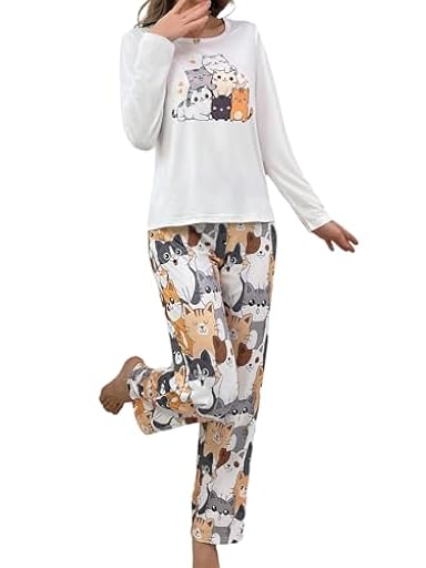 GORGLITTER Pijama largo para mujer, conjunto de pijama de dibujos animados, gatos, pijamas de manga larga, camisas con pantalones largos de pijama, traje de casa de dos piezas, ropa de dormir, Blanco | Ya disponible en tu tienda friki favorita! En mundofriki.es!
