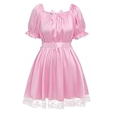 ABAFIP Sissy Mini Nightdress for Men Frilly Ruffle Square Neck Bowknot Lace Trim Satin Ruffle Nightdress Light Pink One Size