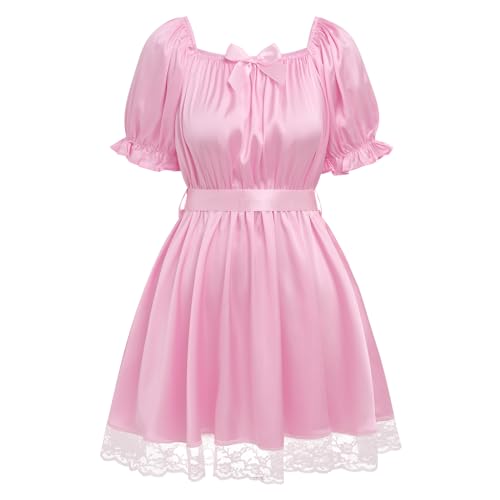 ABAFIP Sissy Mini Nightdress for Men Frilly Ruffle Square Neck Bowknot Lace Trim Satin Ruffle Nightdress Light Pink One Size