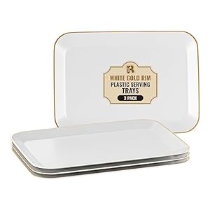 3 Pack Plastic Serving Trays for Party – White and Gold Serving Tray 8 by 11 in – Heavy Duty Dessert Trays for Food – Rectangular Party Serving Trays, Gold Platters