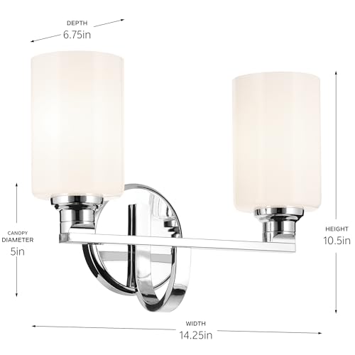 Image of Kichler Gioe 2-Light Bathroom Vanity Light Fixture with Opal Glass, 14.25 inch Modern Chrome Wall Mount Over Mirror for Powder Room, Damp Rated (14.25 inch W x 10.5 inch H), 55225CH