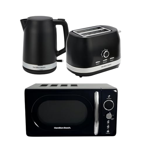 Hamilton Beach Kettle, Toaster & Microwave Set, Ella, 1.7L Electric Kettle, Wide Slot Toaster 2 Slice, Microwave, 20L Retro, Kettle & Toaster Set, Black - ELLABB