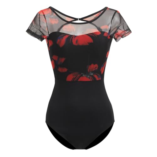 ROYAL SMEELA Maillot de Ballet Manga Corta para Adulto - Body de Danza para Mujer - Bailarina Gimnasia Espalda Impreso