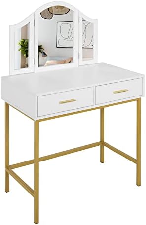 WOLTU Dressing Table with A Three-Way Mirror, Vanity Table with 2 Drawers, Make-up Table with Metal Legs, 80x40x125 cm, White+Gold, MB6092ws