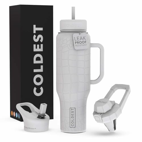 Coldest Tumbler with Handle and Straw - 100% Leak Proof Insulated Tumbler with Lid and Straw (3 Lids) - Stainless Steel Tumblers for Women & Men - Cup Holder Friendly Base, 46 oz (White Croc) by The Coldest Water - Used condition - US$33.93