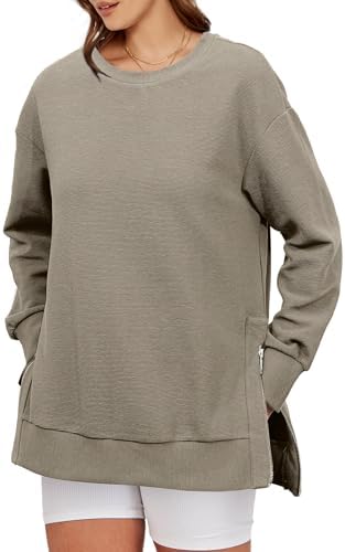 Glamaker Womens Oversized Sweatshirts Crewneck Side Zipper Pollover Long Sleeve Hoodie Sweaters 2024 Fall Clothes