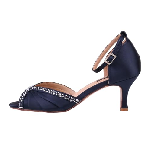 ERIJUNOR Women Comfort Low Heel Ankle Strap Rhinestones Pleat Satin Wedding Evening Dress Dance Shoes2