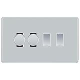 BG Polished Chrome Screwless 4 Gang Switch 2x Trailing Edge LED Dimmer 2x 2 Way