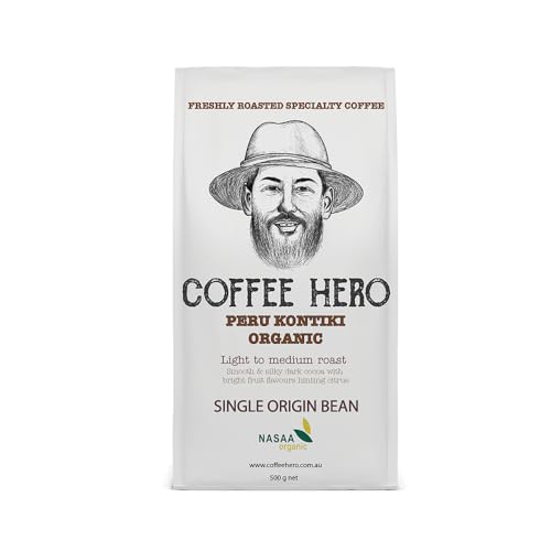 Coffee Hero Peru Kontiki - Light to Medium Roast - High Altitude Grown, Rainforest Alliance & NASAA Certified - Notes of Smooth & Silky Dark Cocoa, Citrus - 250 Grams, Whole Bean