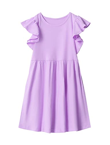 Danichins Girl Casual Flutter Sleeve Solid Cotton Dress With Pockets (Lt. Purple, 12) #TOP4