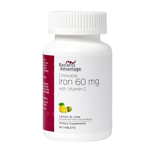 Bariatric Advantage Chewable Iron 60 mg with Vitamin C for Increased Absorption and Utilization, Easily Digestible for Gastric Bypass and Sleeve Gastrectomy Surgery Patients - Lemon Lime, 90 Count