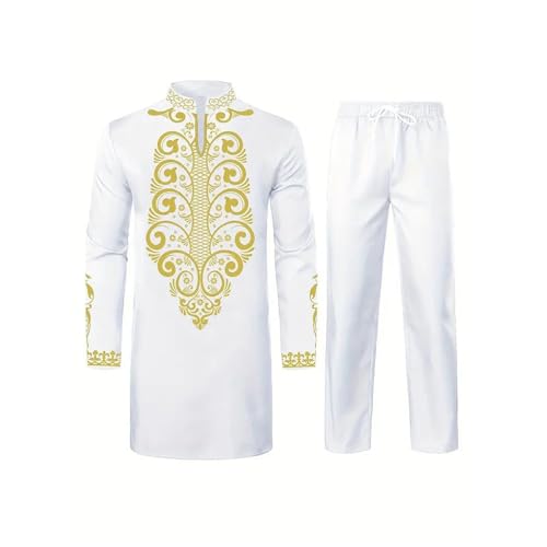 Tobysper Ropa islámica Hombres Camisetas y pantalones con estampado de bronce musulmán Traje tradicional Conjunto de 2 piezas Trajes africanos Trajes Trajes Traje étnico tradicional, Blanco, L