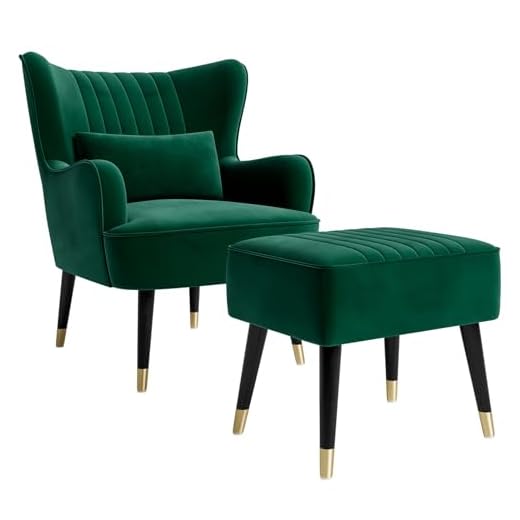 Vesgantti Velvet Armchair with Footstool and Lumbar Pillow, Modern Wing Back Accent Chair with Ottoman, Large Cuddle Chair for Living Room Bedroom Study Room Office(Green)