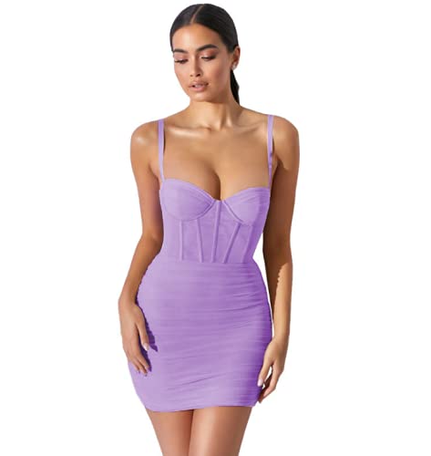 Siyova Mini vestido de mujer sexy casual con tirantes de cintura definida, color liso, sin mangas, de hilo, plisado, sin espalda violeta L Cover