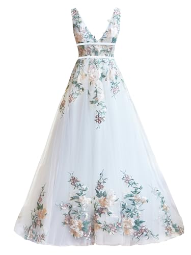 Lxhome Colorful Embroidered Floral Wedding Dresses for Women Bride Long Bohemian Beach Tulle Bridal Ball Gowns Ivory 16
