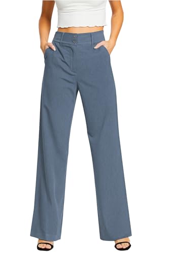 femiss Women's Wide Leg Trousers Tailored Office Work Smart Formal Relaxed Fit Trouser for Women (14, Denim Blue)…