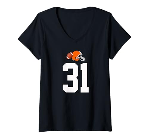 Damen American Football Helm Style Vintage Nummer 31 T-Shirt mit V-Ausschnitt