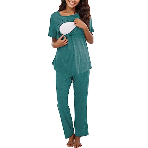 Trailrest Women Maternity Short Sleeve Breastfeeding Pyjamas Sleepwear Pregnancy Pajama Set Maternity Pajamas, blue, L