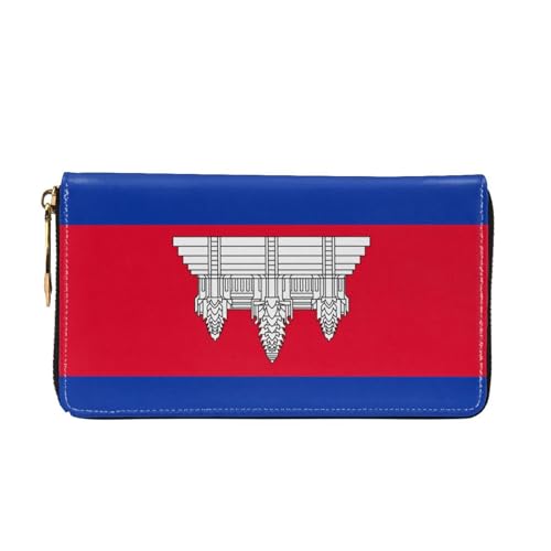TYUMHCambodia Flag Leather long clutch wallet with 12 card slots and 3 full pockets for cash, designed for fashionable women.2