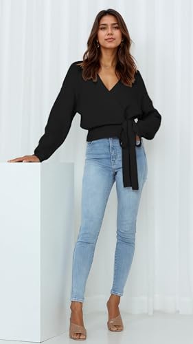 Women’s Cropped Sweater V-Neck Wrap Sweater Long Sleeve Ribbed Knit Pullover with Side Tie Fall Winter Outfits 20254