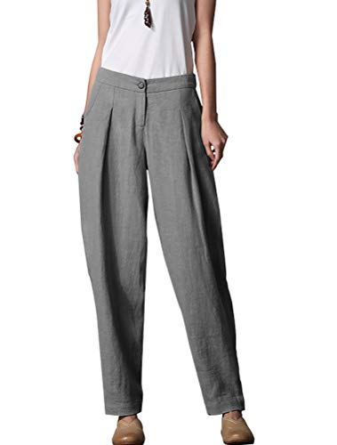 Minibee Women s Casual Linen Pants Elastic Waist Tapered Pants Trousers with Pockets Gray M