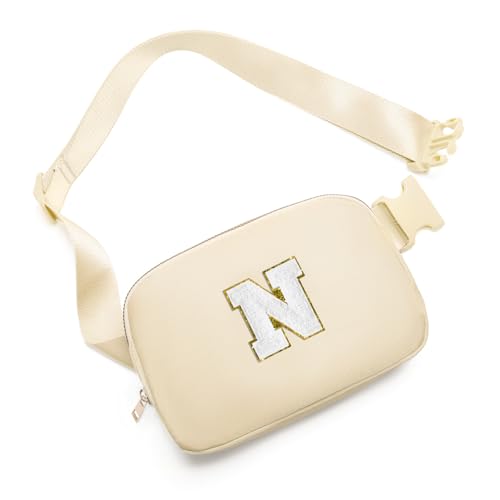 Gitus Birthday Gifts for 8 9 10 11 12 13 Year Old Girls Personalized Fanny Pack Crossbody Bags with Initial Letter Patch Belt Bag for Teen Girls Cute Trendy Stuff Travel Essentials (Beige-N)